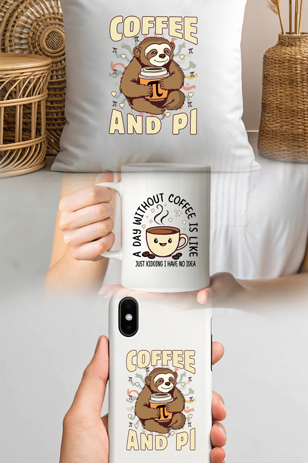 Cute Sloth Holding Pi-Themed Coffee Cup - Fun Design for Math Fans pinterest preview image.