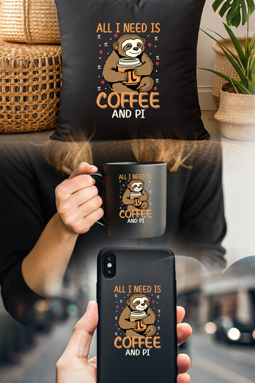 Funny Sloth Illustration Drinking Coffee with Pi Symbol - Quirky Graphic Art pinterest preview image.