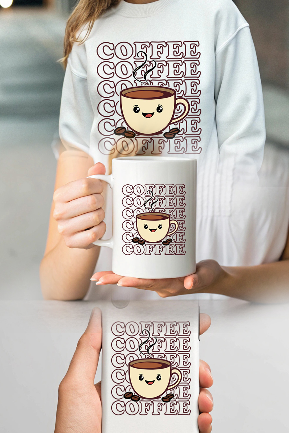 Cute Coffee Cup Illustration with Happy Face and Coffee Beans pinterest preview image.