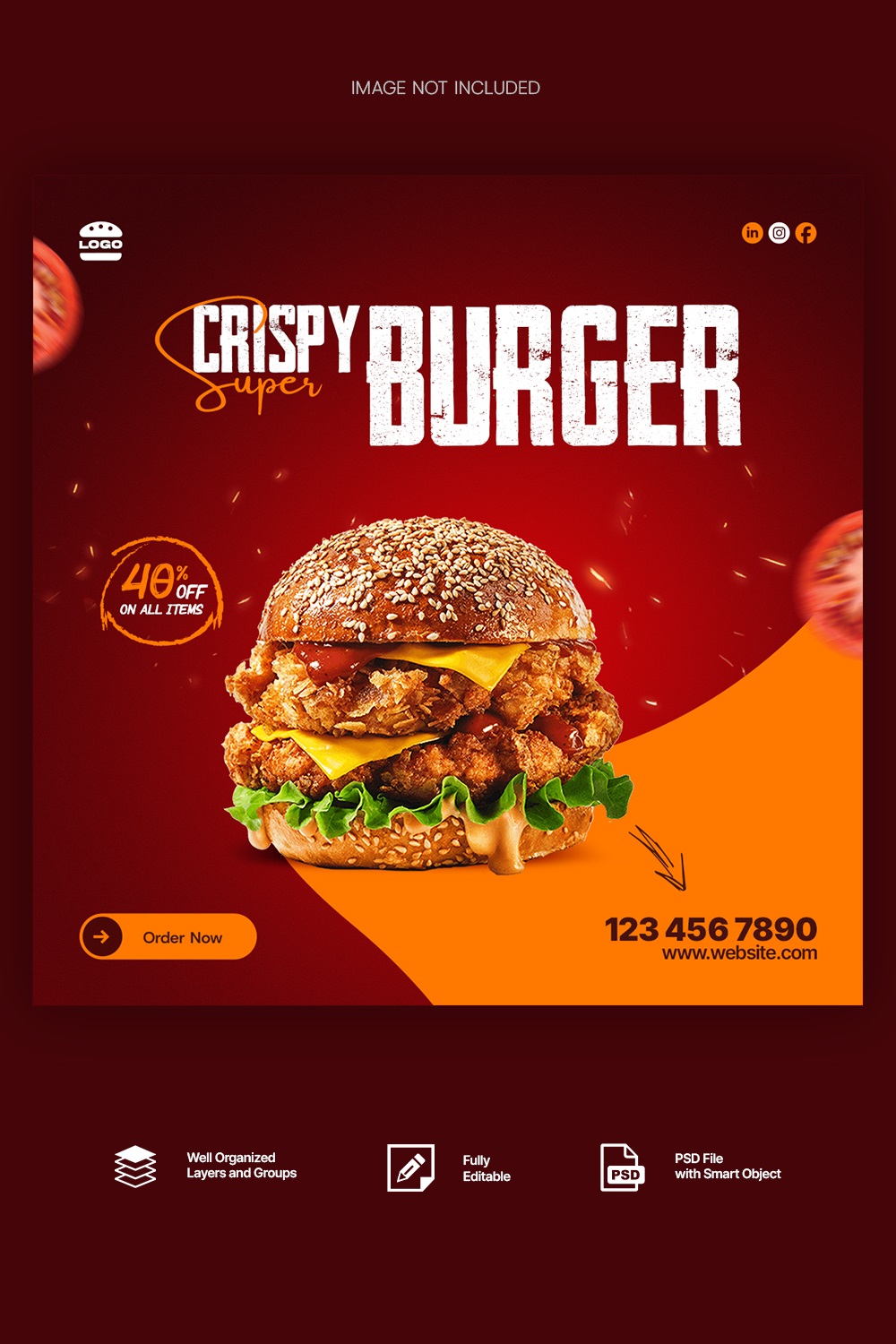 Crispy Burger - Social Media Template pinterest preview image.