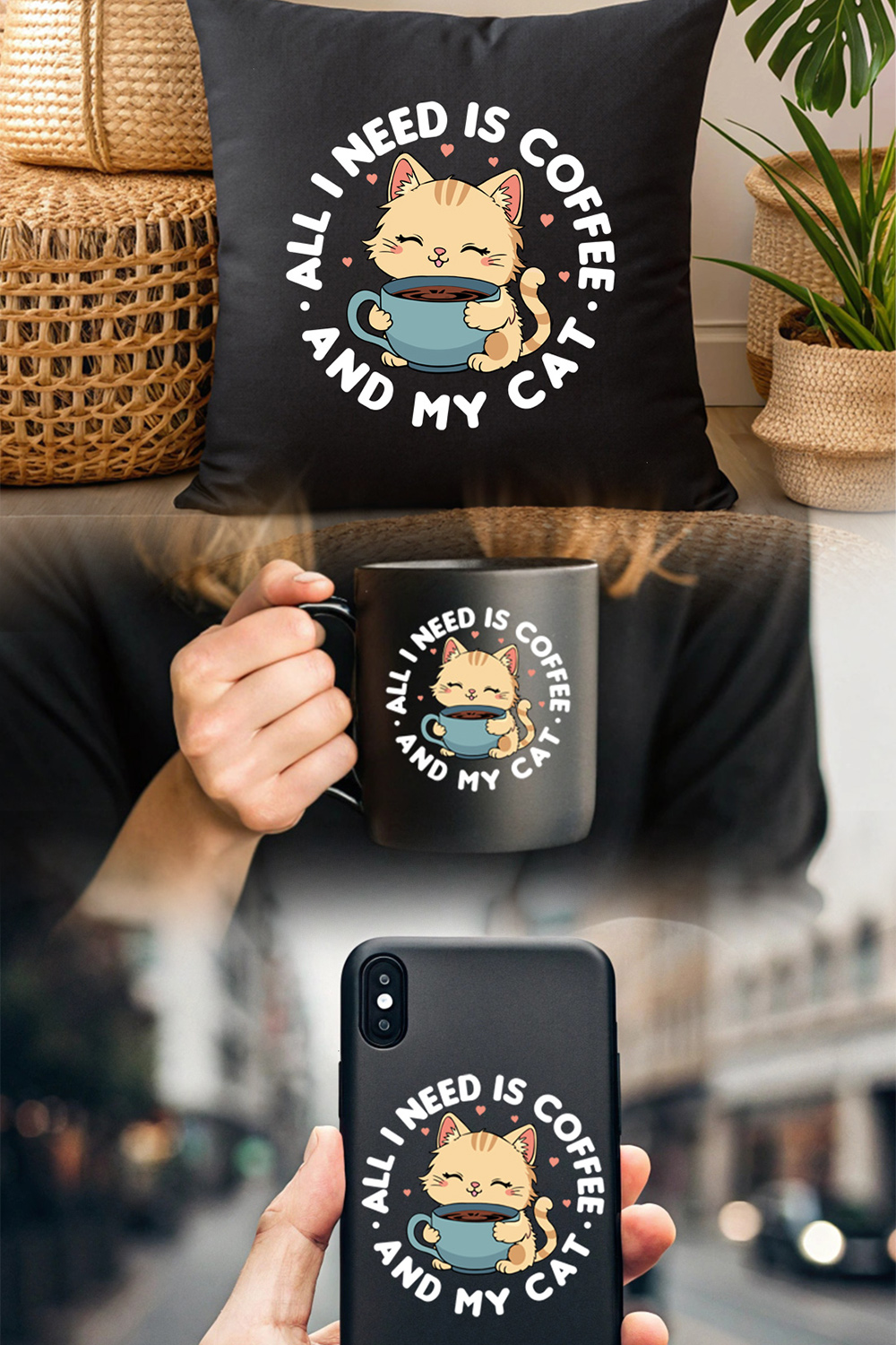 Cute Cat and Coffee Illustration Perfect Design for Pet Lovers pinterest preview image.