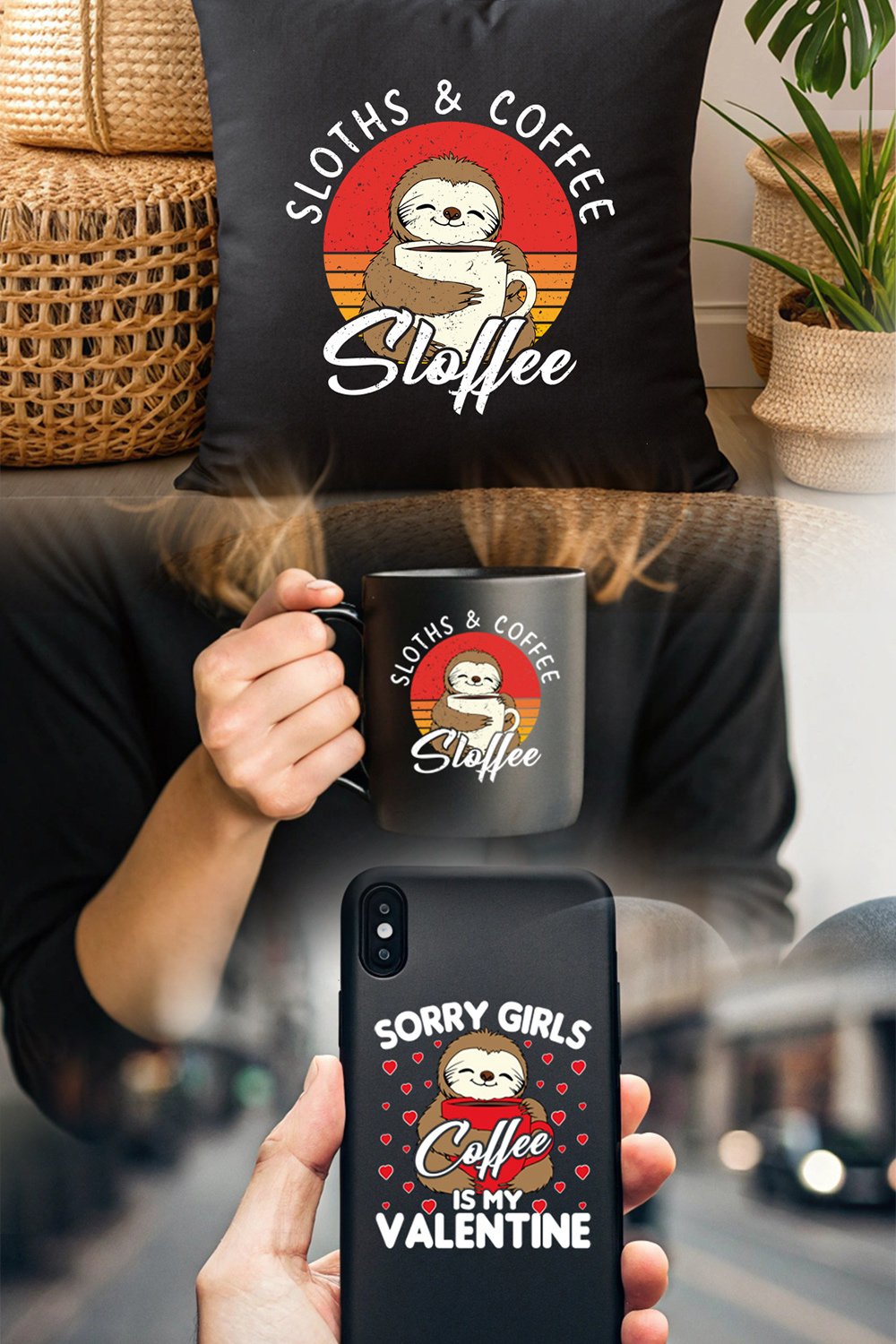 cute sloth with coffee valentine graphic design - perfect for t-shirts and mugs pinterest preview image.