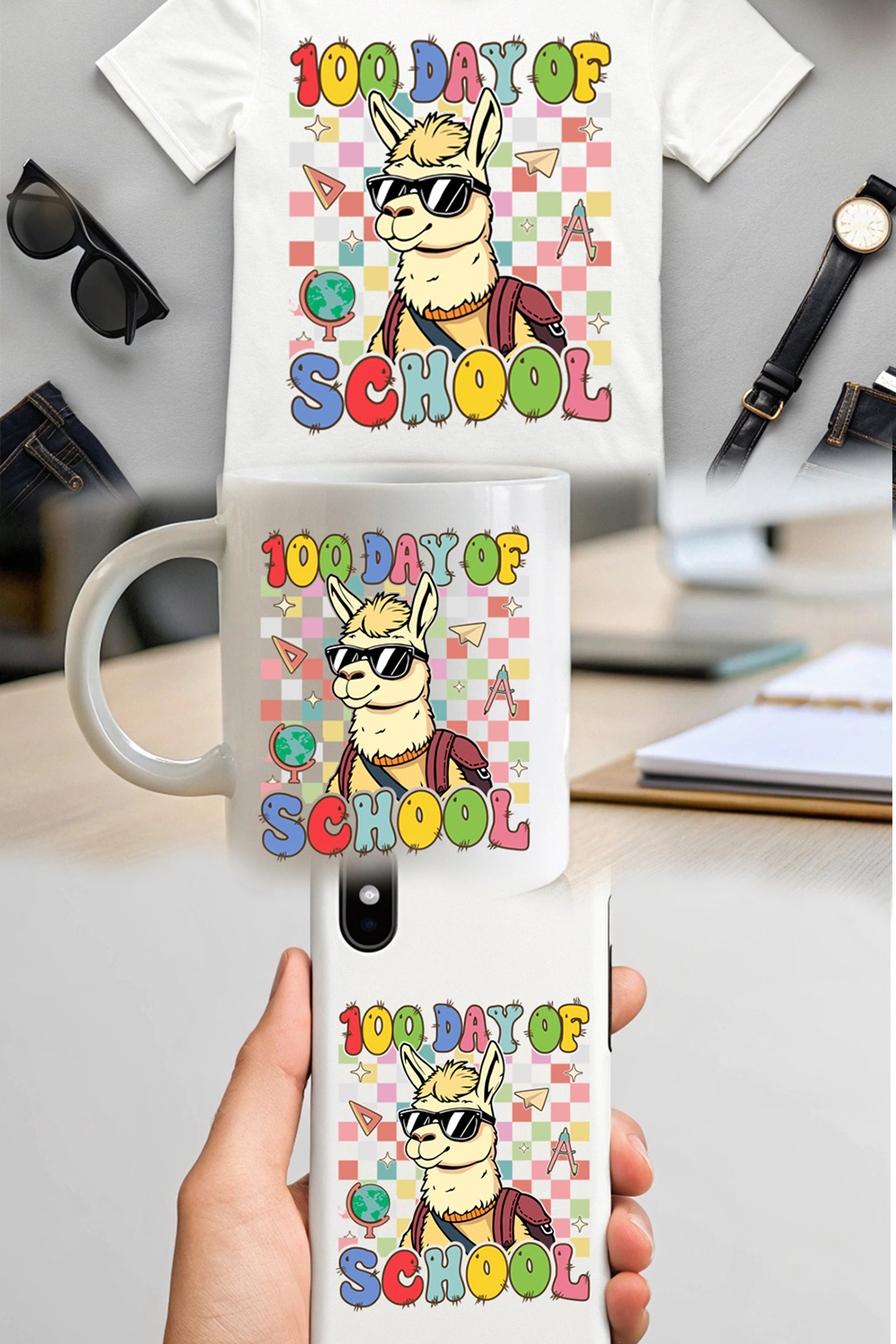 Colorful School Theme Llama Illustration for T-Shirts and Merchandise pinterest preview image.