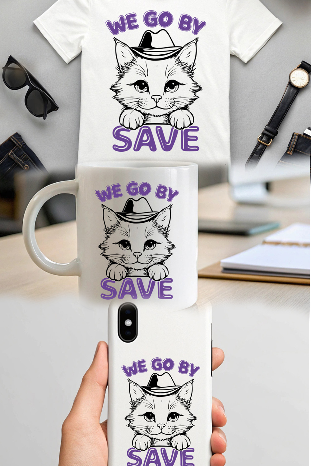 Cute Cat Wearing a Hat - 'We Go by Save' Illustration for T-Shirts And Other Merchandise pinterest preview image.