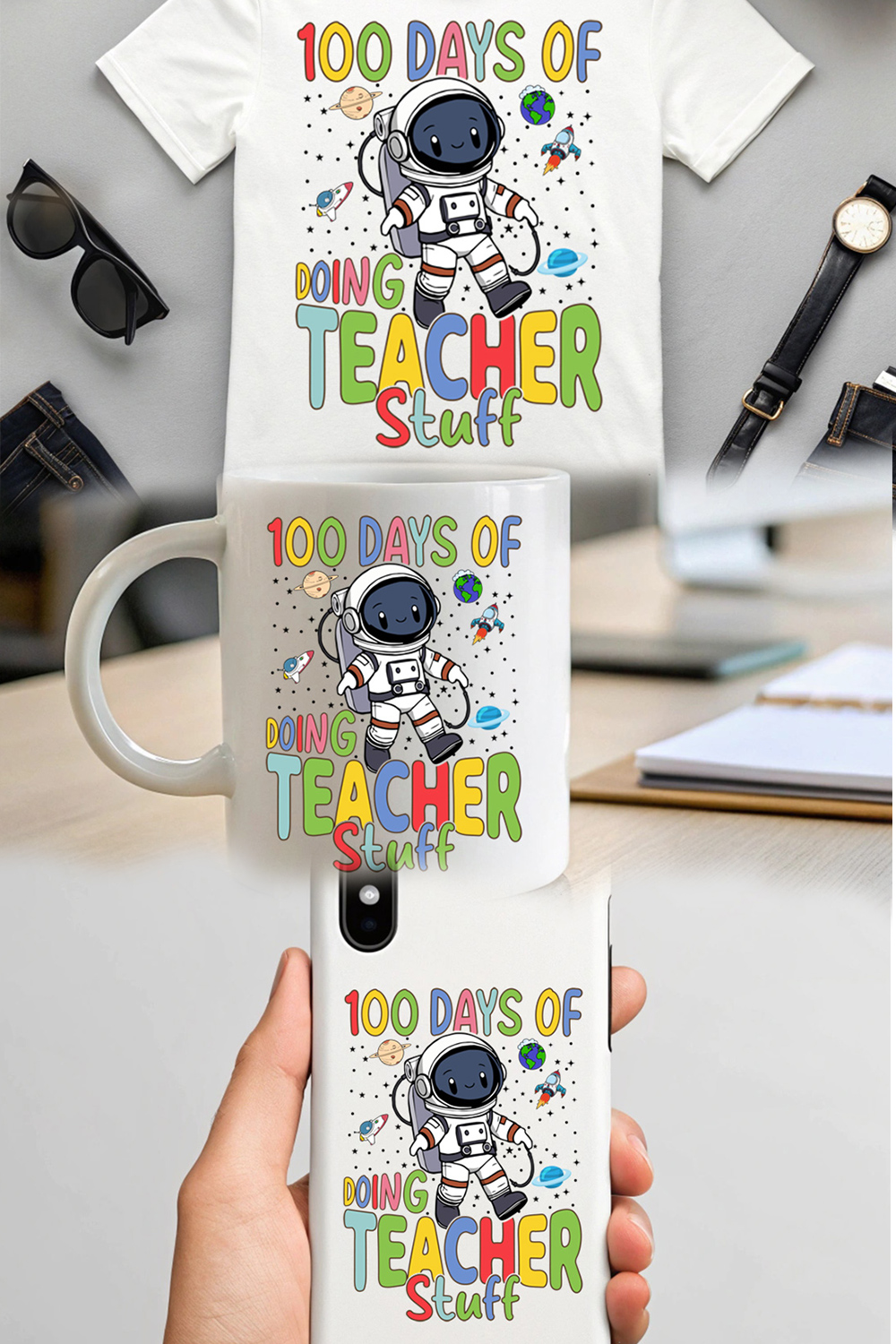 cute astronaut teacher design celebrating 100 days of school pinterest preview image.