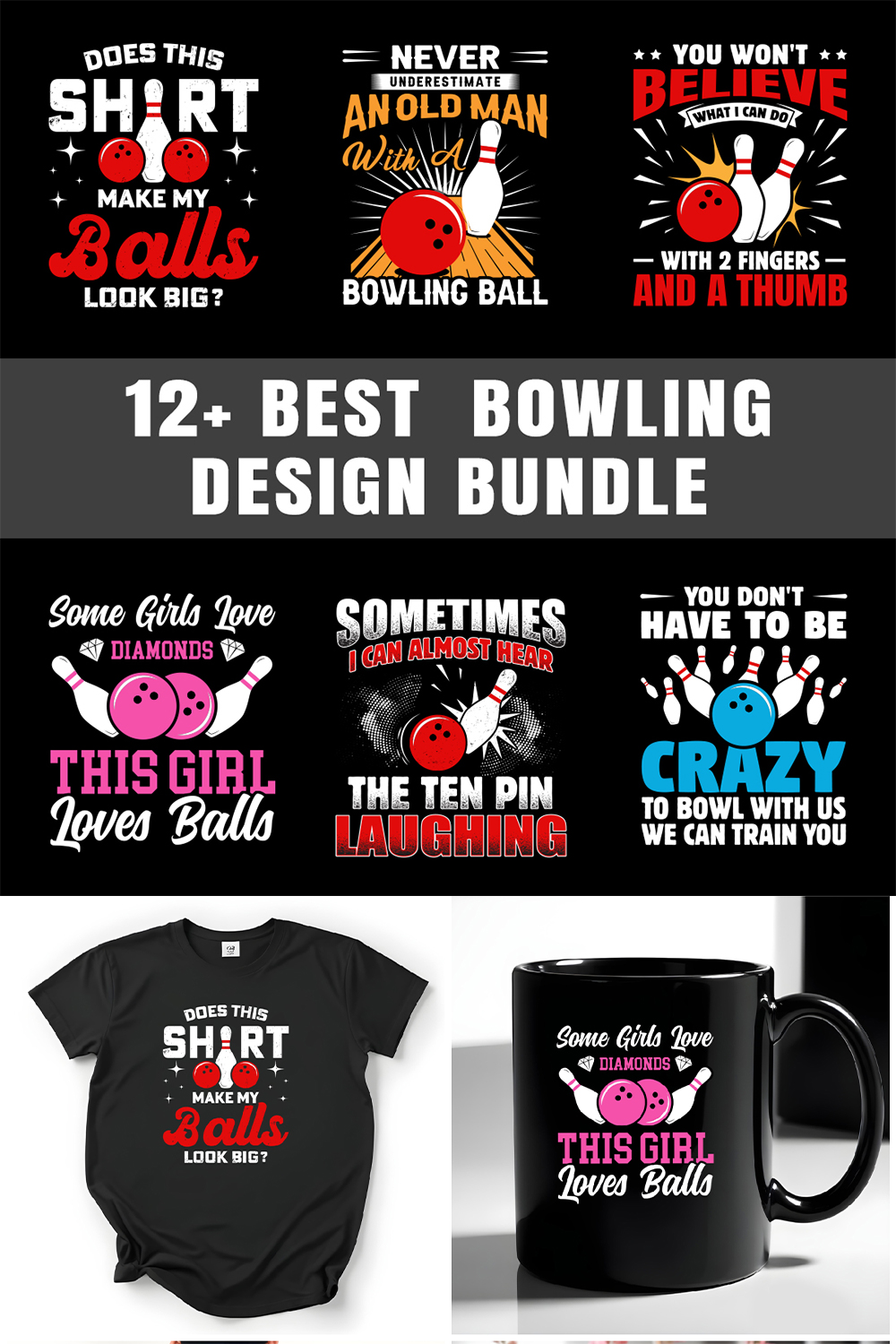 Funny Bowling T-Shirt Designs Bundle pinterest preview image.