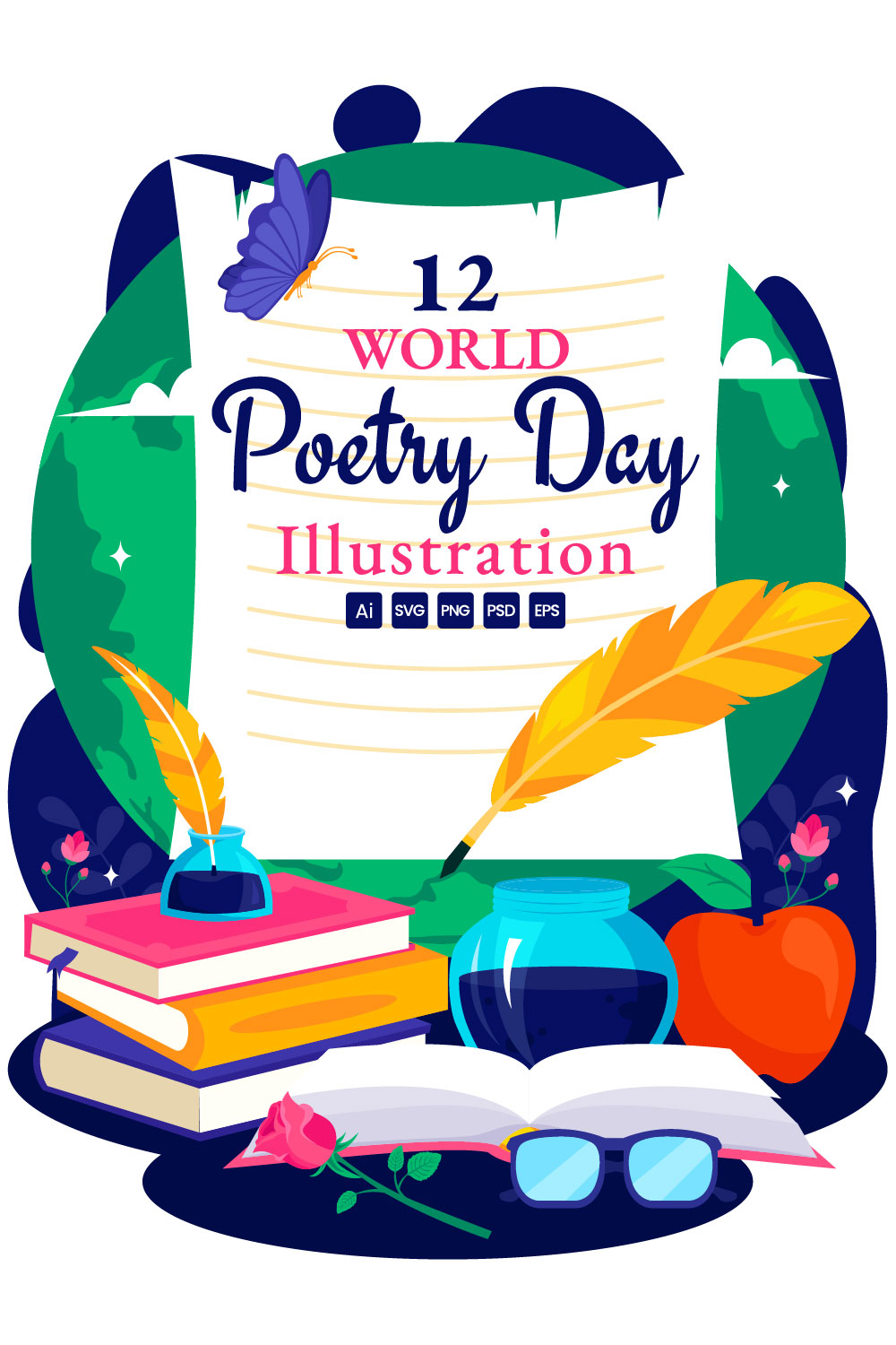 12 World Poetry Day Illustration pinterest preview image.