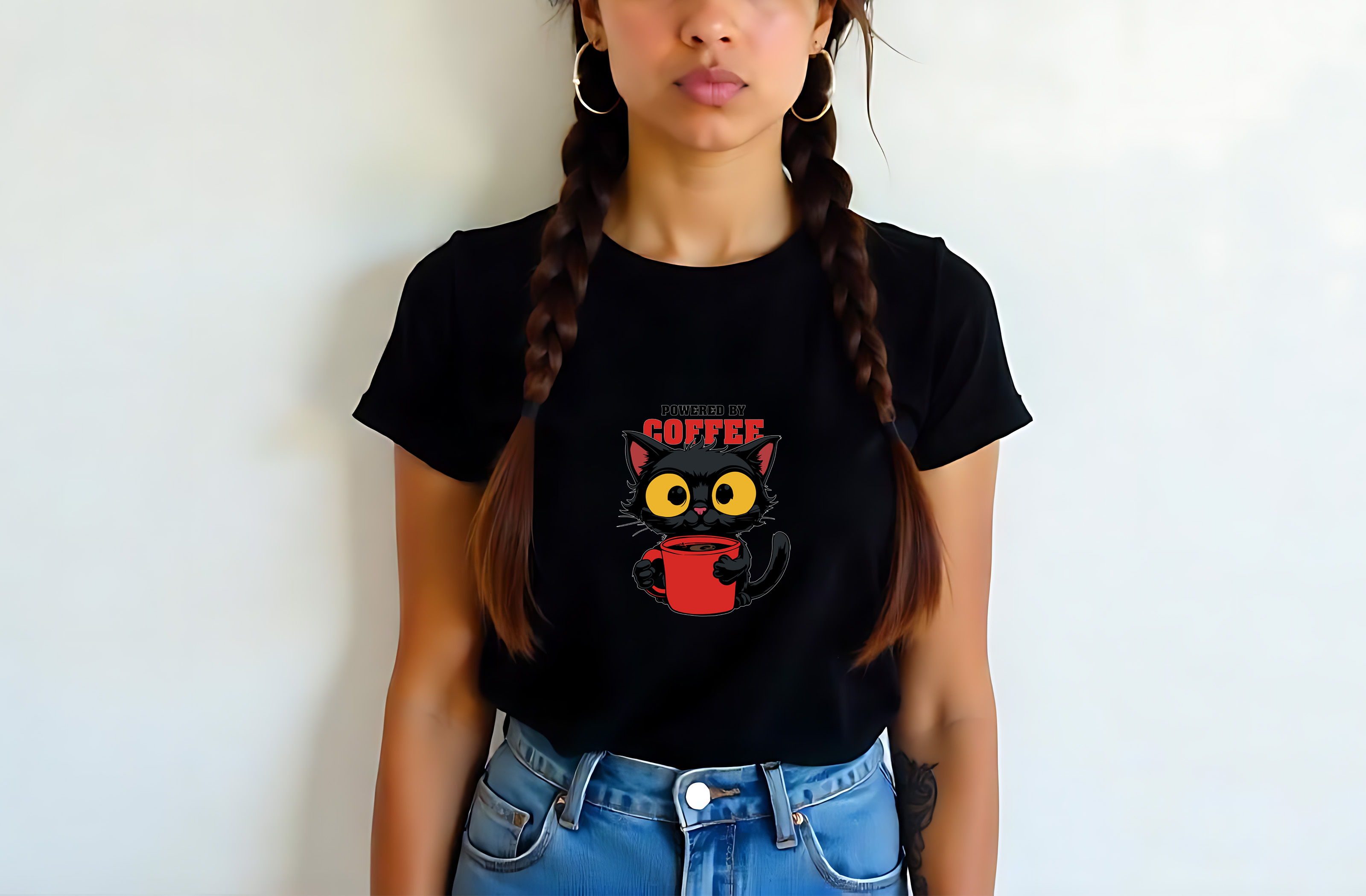 powered by coffee black cat cartoon illustration with red mug graphic design fe male tshirt 1 742