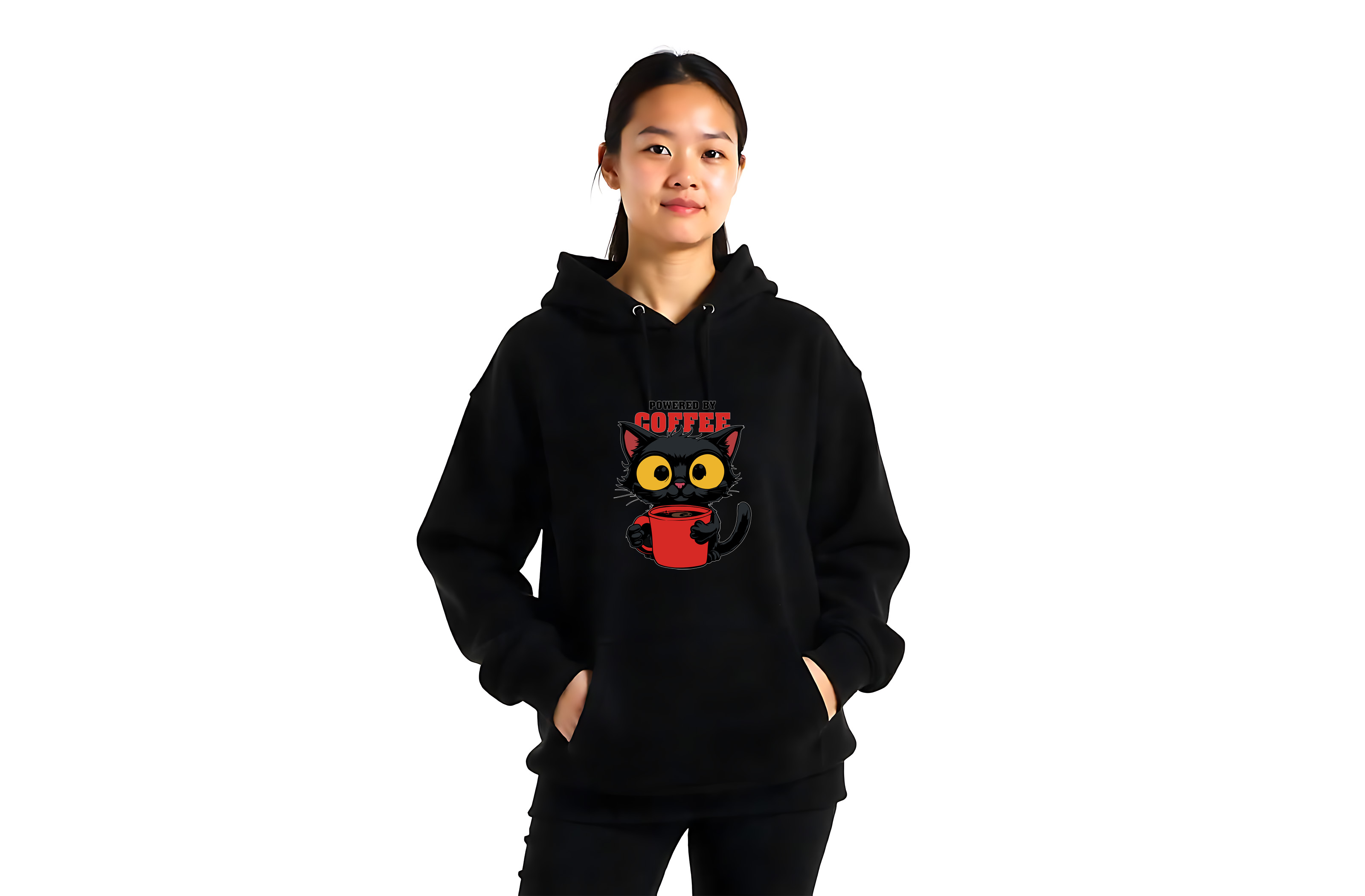 powered by coffee black cat cartoon illustration with red mug graphic design female hoodie 2 539