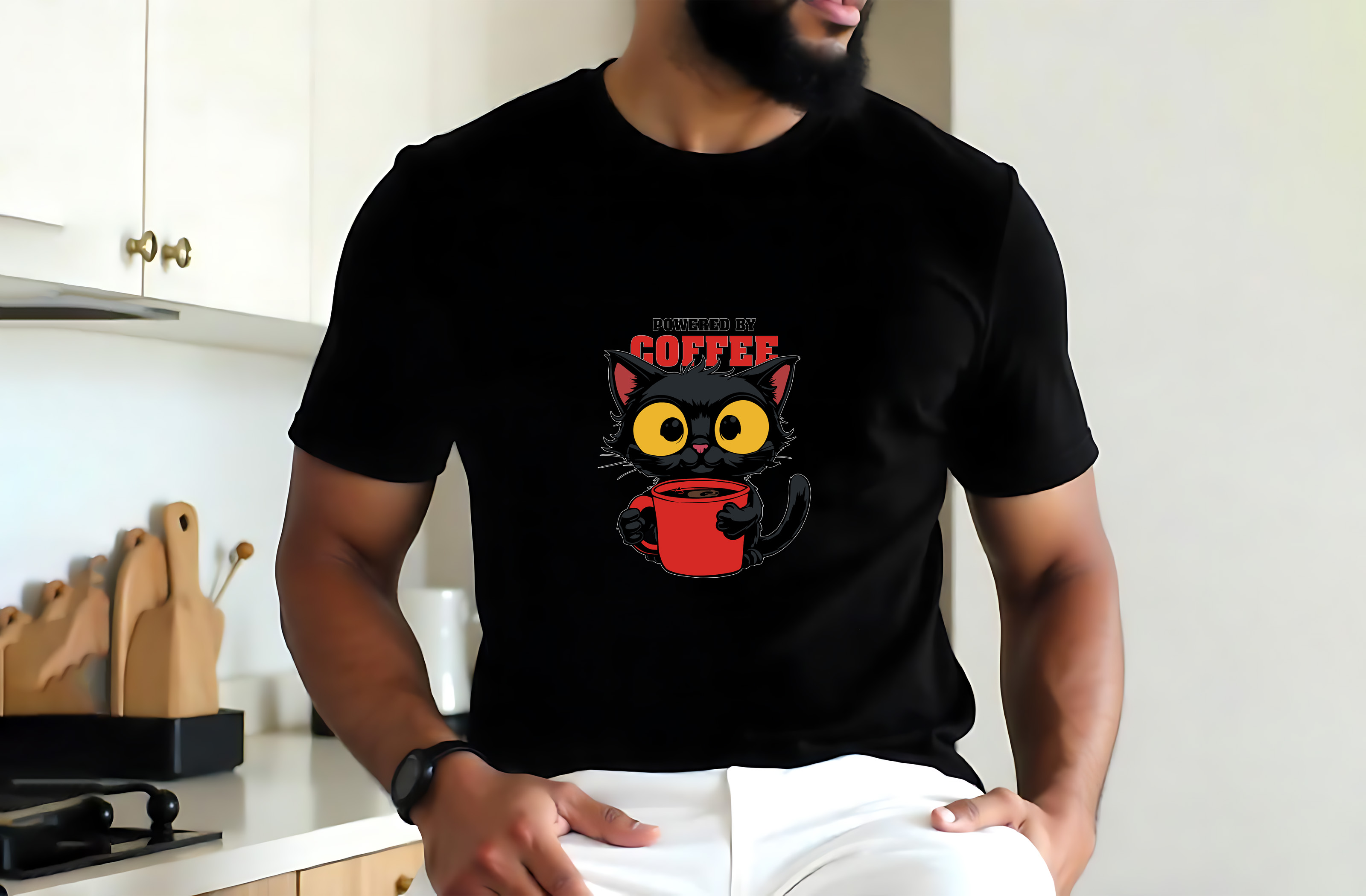 powered by coffee black cat cartoon illustration with red mug graphic design male tshirt 2 221