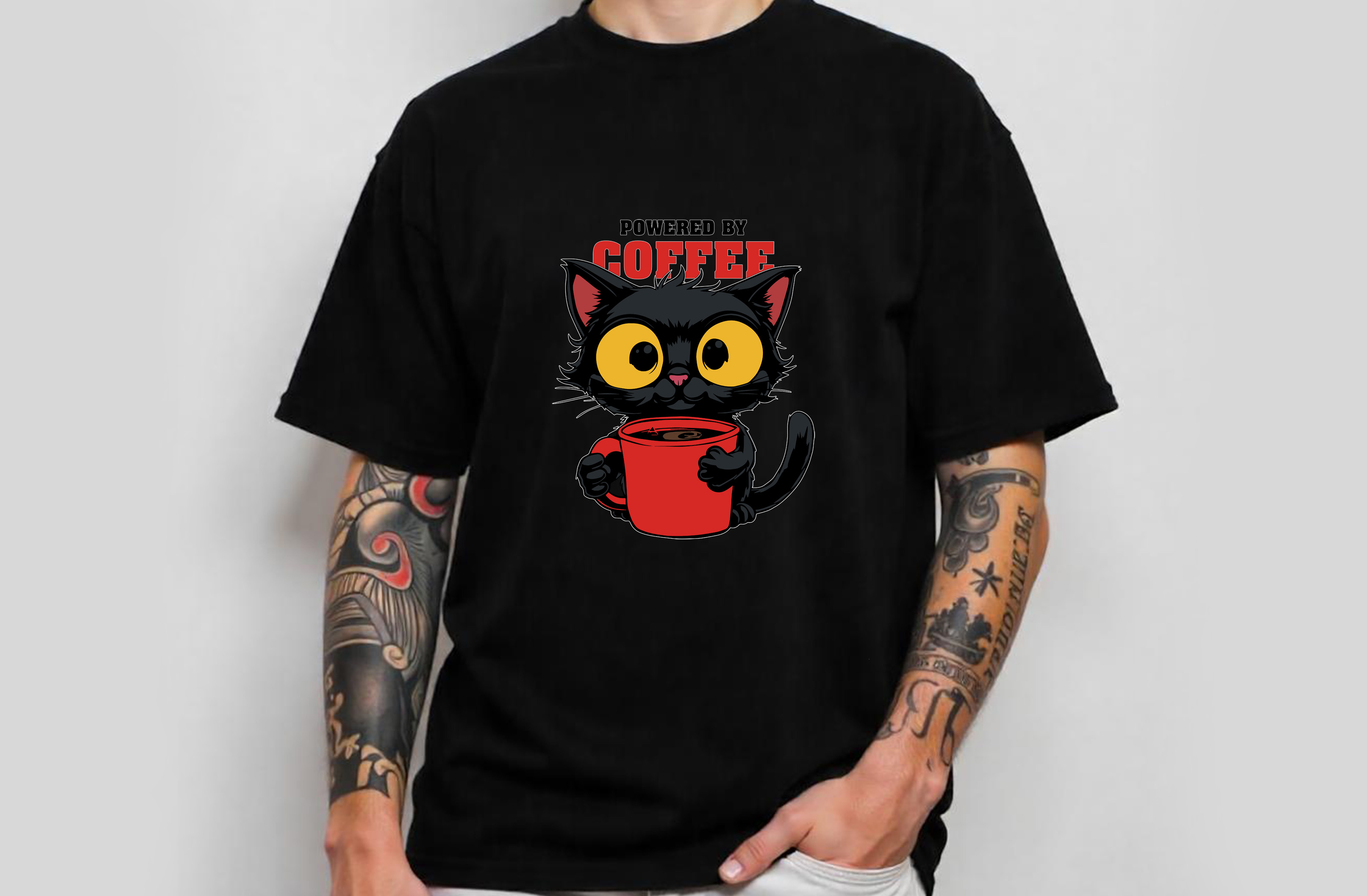 powered by coffee black cat cartoon illustration with red mug graphic design male tshirt 881