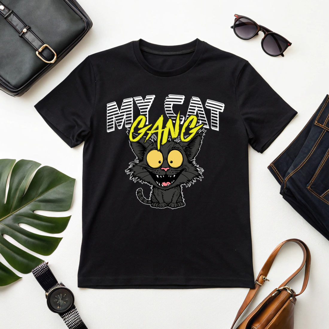 quirky cat gang graphic design for feline lovers merchandise. 1 black etsy t shirt mock up 718