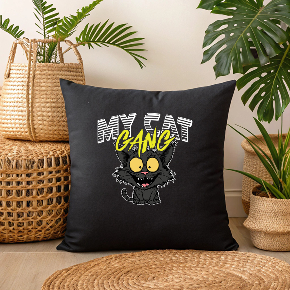 quirky cat gang graphic design for feline lovers merchandise. 3 black pillow mock up 519