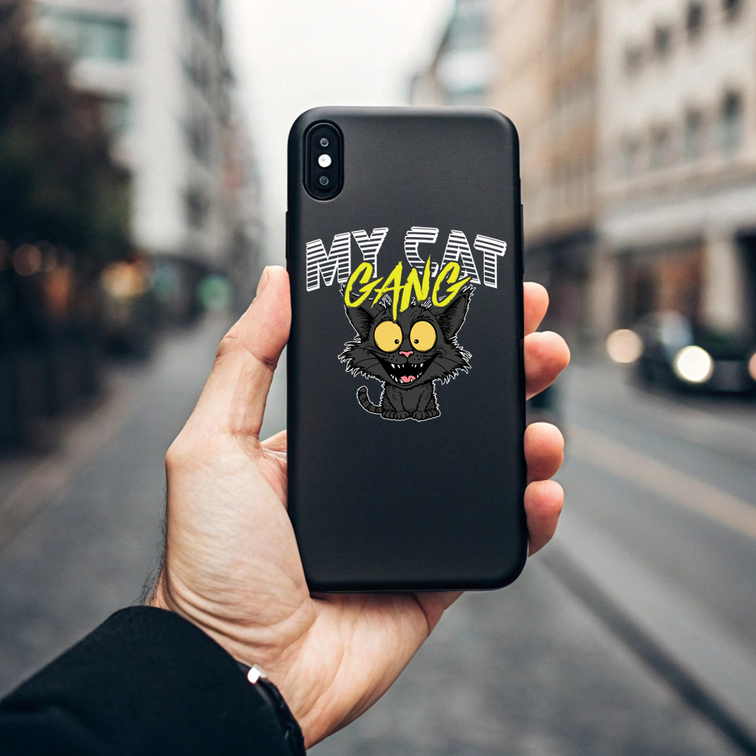 quirky cat gang graphic design for feline lovers merchandise. 5 black phone case mock up 236