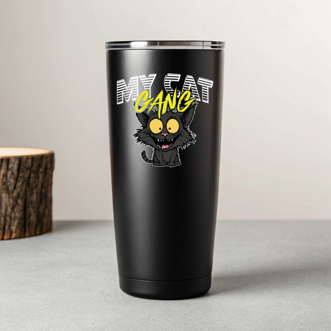 quirky cat gang graphic design for feline lovers merchandise. 7 black tumblers mockup 966