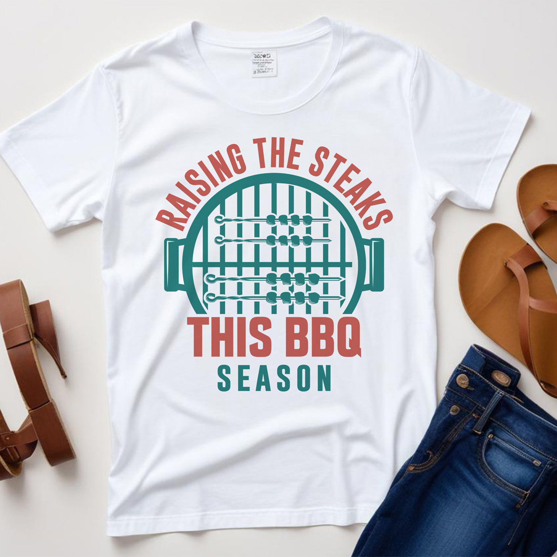 raising the steaks this bbq season graphic design white plane tshirt mockup 377