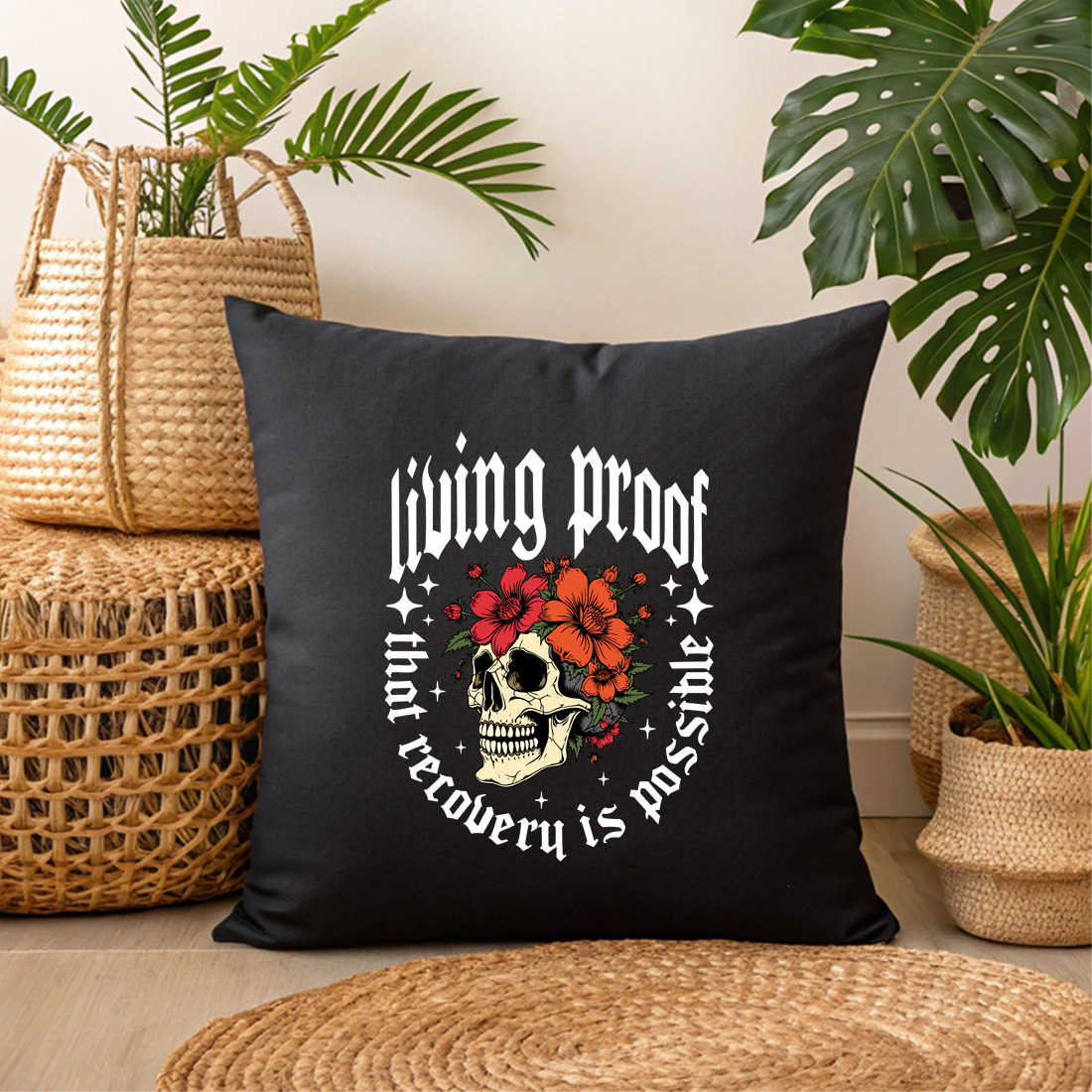 recovery is possible stunning skull and hibiscus illustration black pillow mock up 458