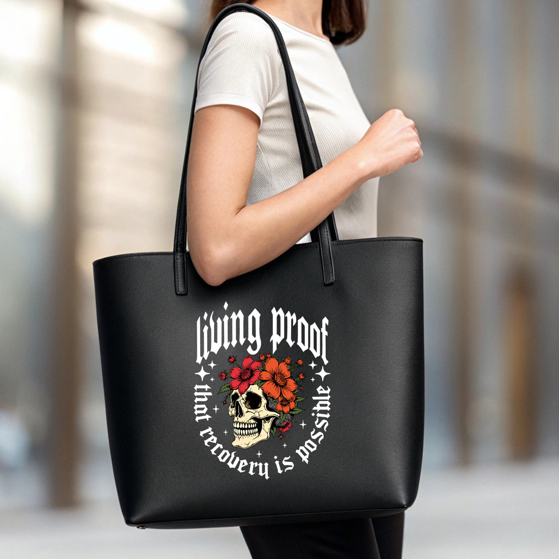 recovery is possible stunning skull and hibiscus illustration black tote beg mock up 421