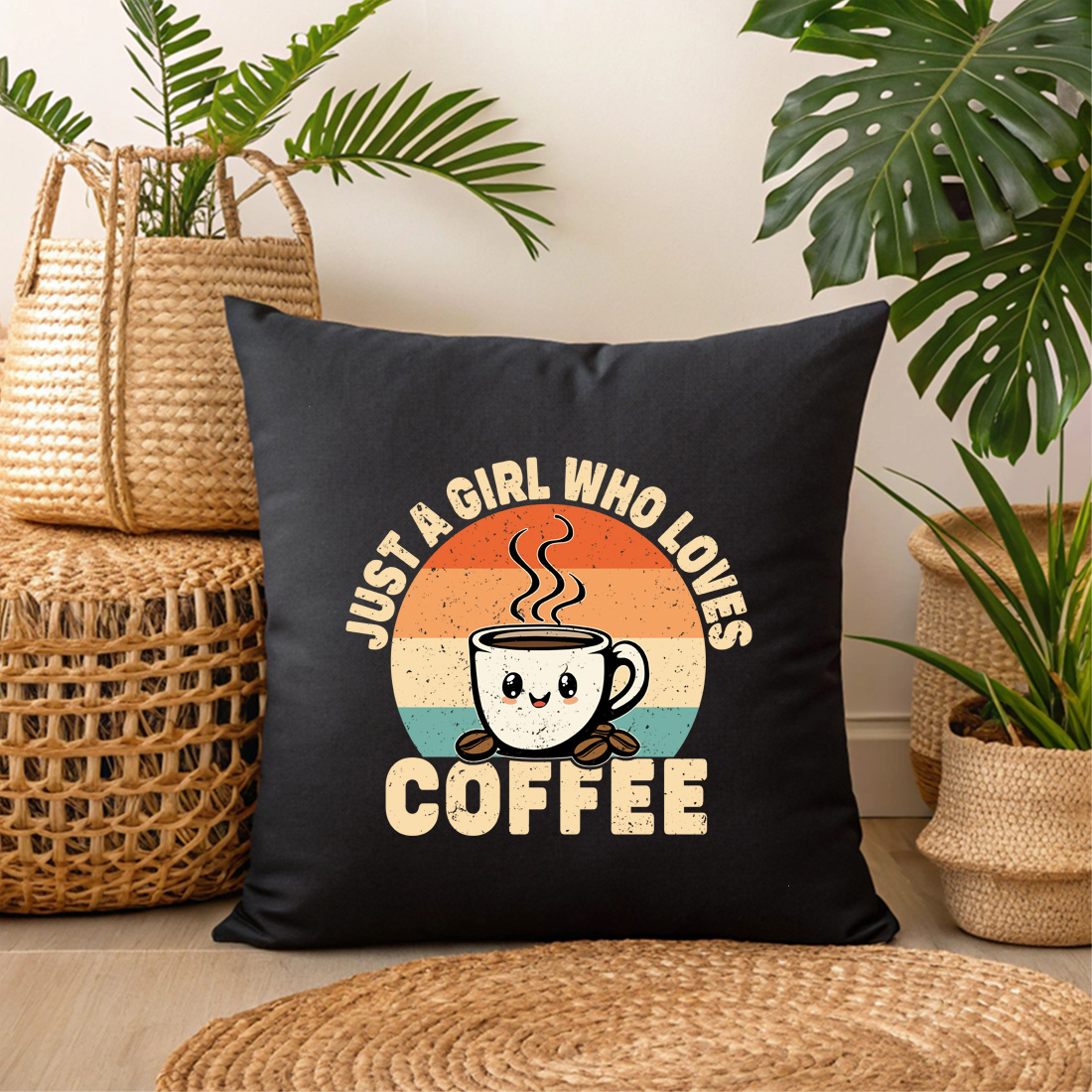 retro coffee cup art with playful typography for mugs and shirts black pillow mock up 981