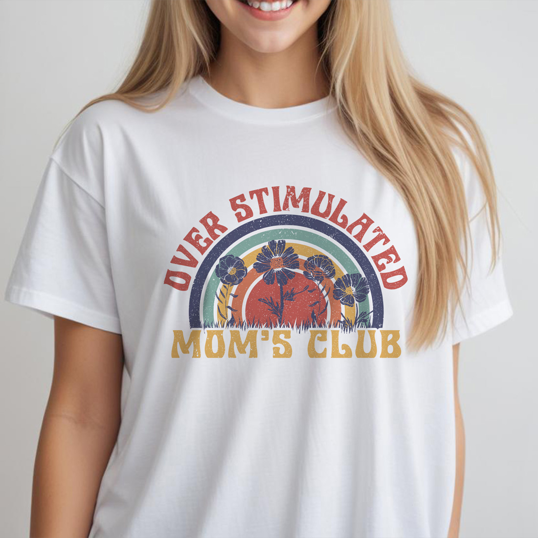 retro over stimulated moms club graphic design for mothers day white female tshirt front mockup 624