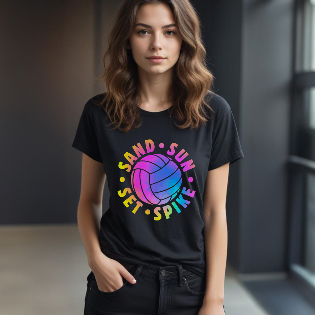 sand sun set spike tie dye volleyball graphic design female tshirt mockup 412