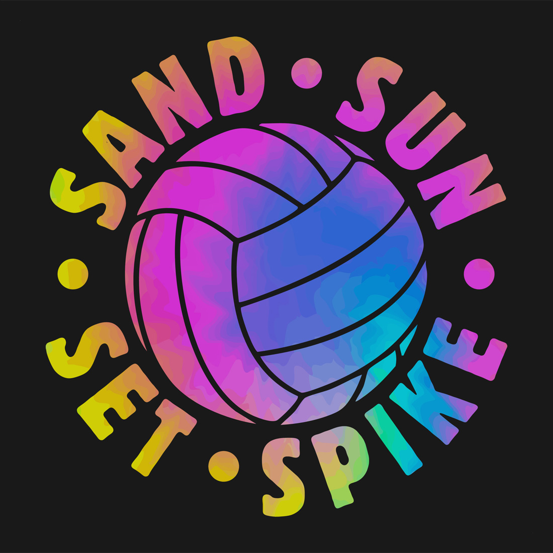 Sand sun set spike tie dye volleyball graphic design for volleyball lovers cover image.