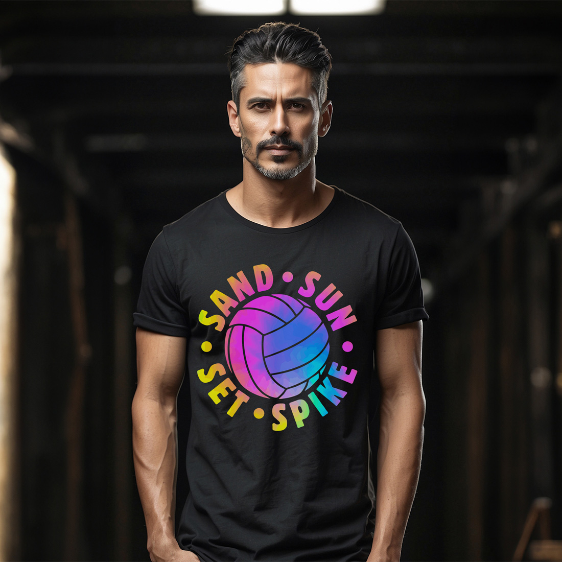 sand sun set spike tie dye volleyball graphic design male tshirt mockup 336