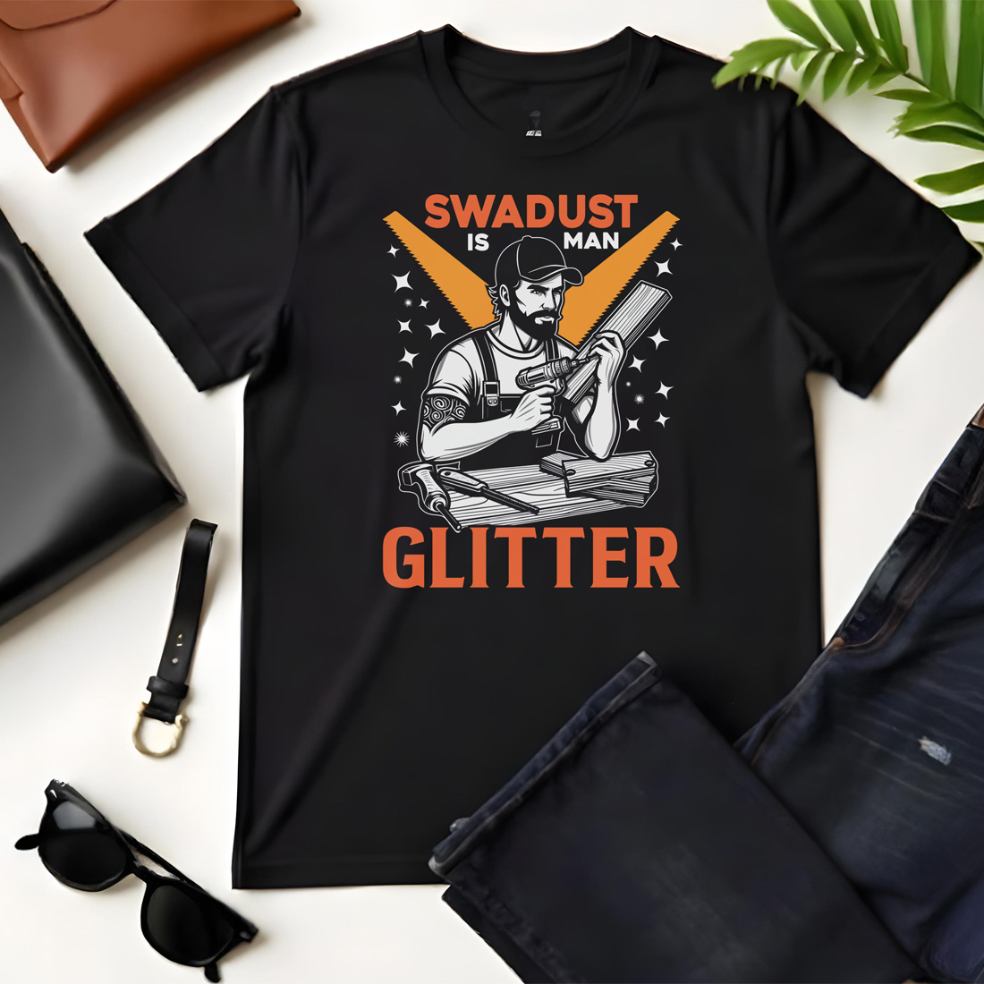 sawdust is man glitter 2 black flat tshirt mockup 321