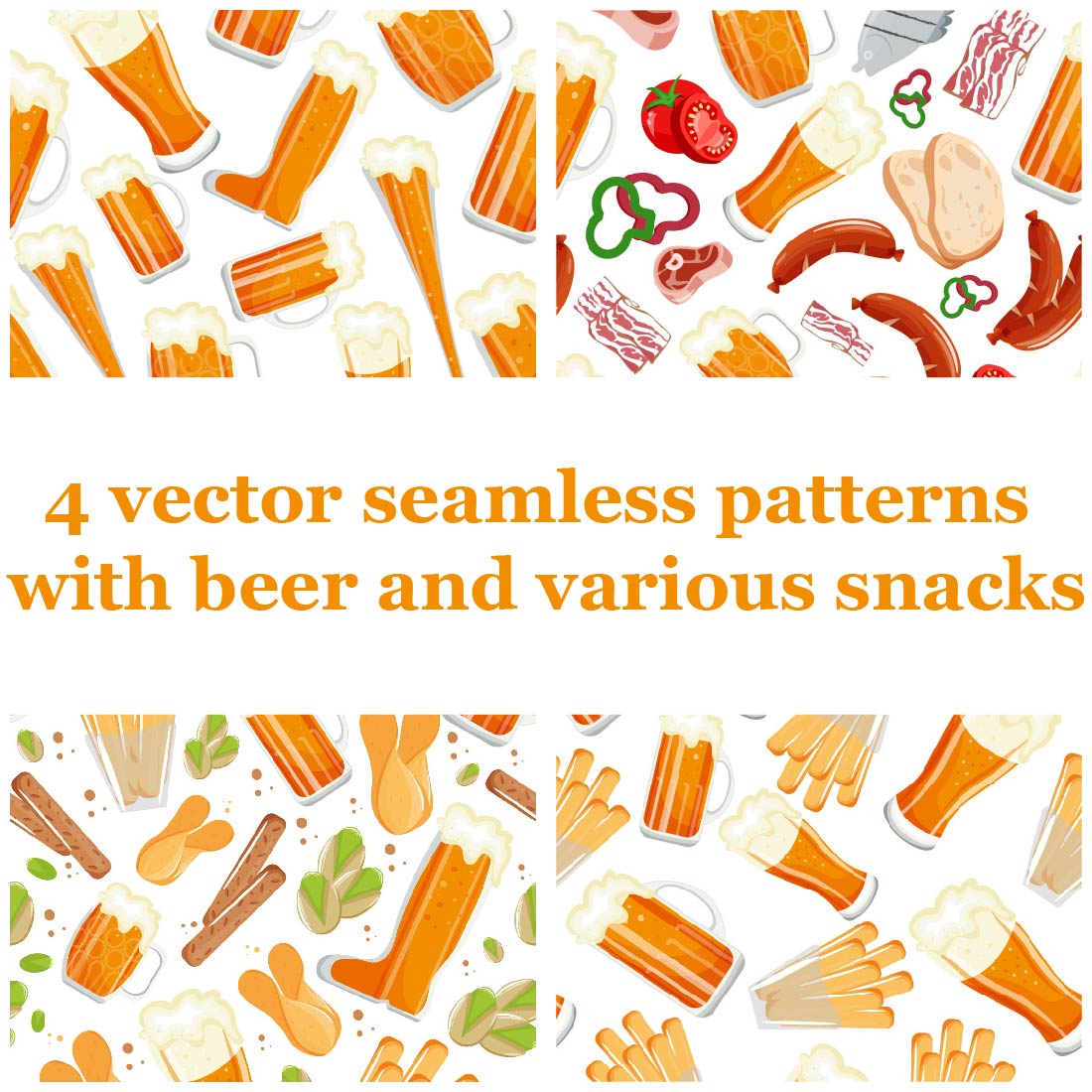 4 vector seamless patterns with beer and various snacks cover image.