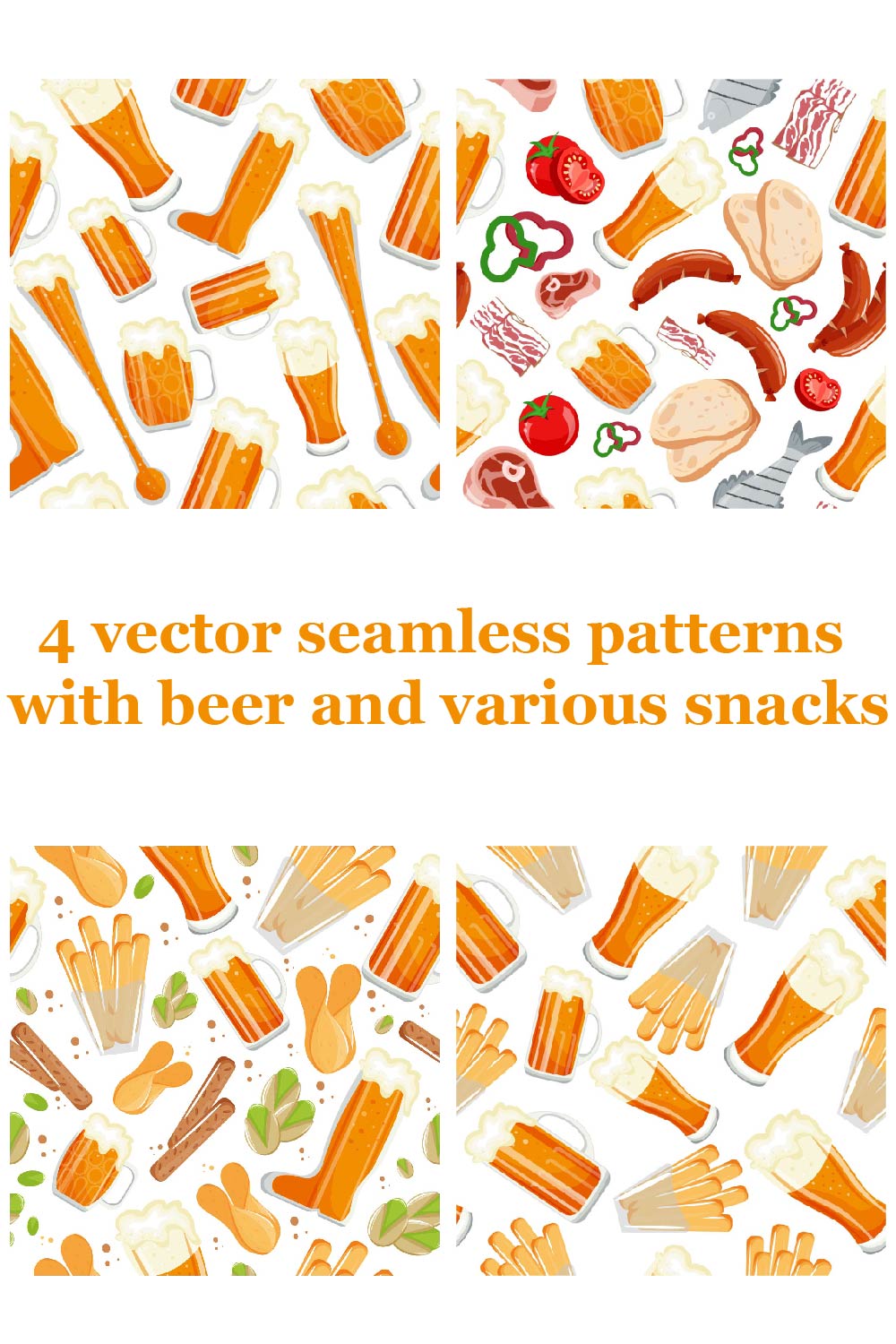 4 vector seamless patterns with beer and various snacks pinterest preview image.