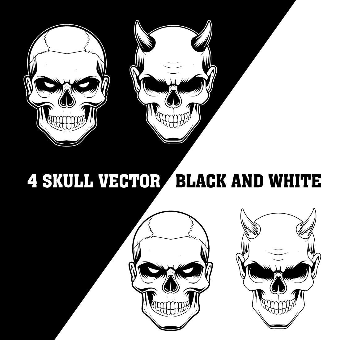 A black and white drawing of a skull with a white skull preview image.