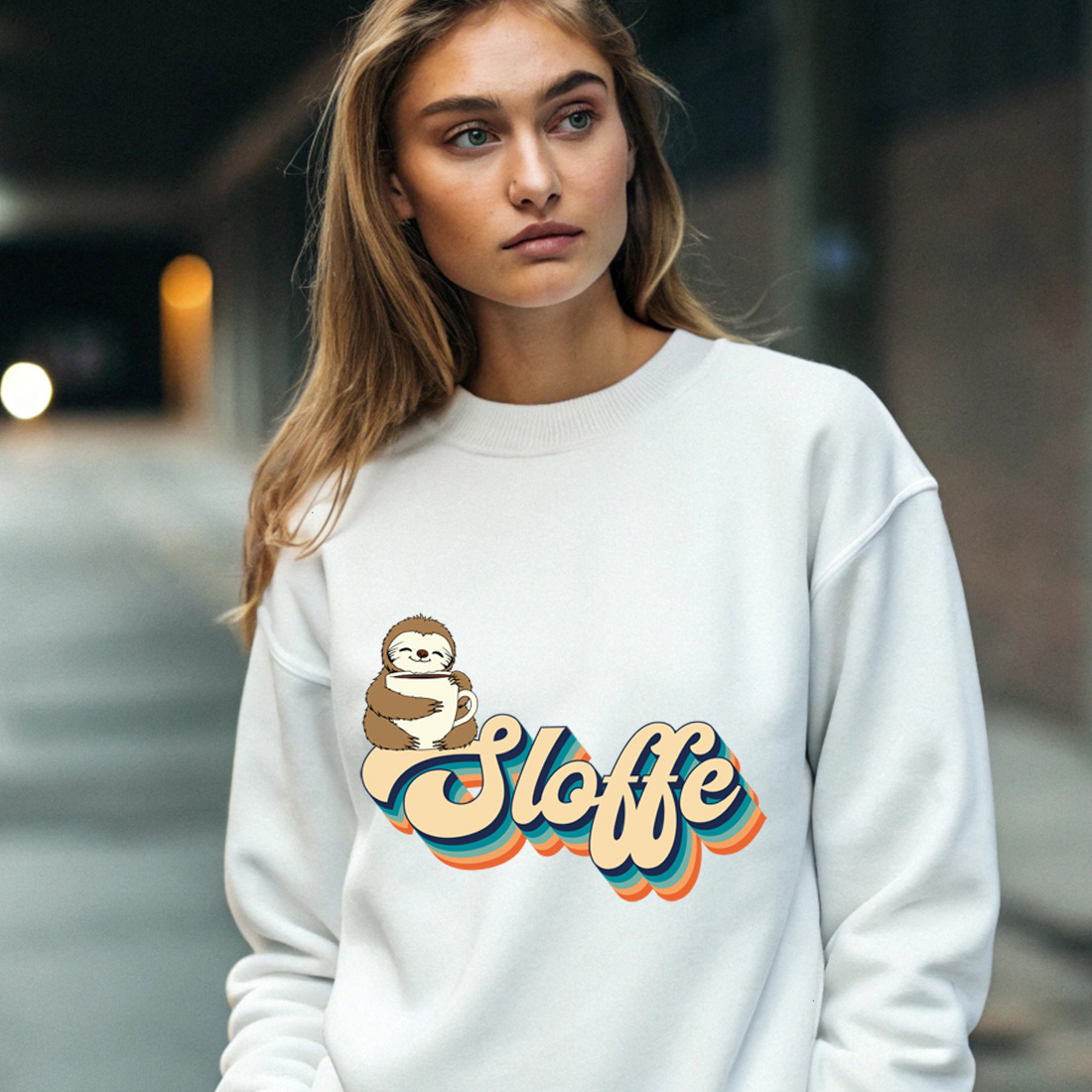 sloth and coffee combo perfect graphic design for merchandise with female sweatshirt mock up 778