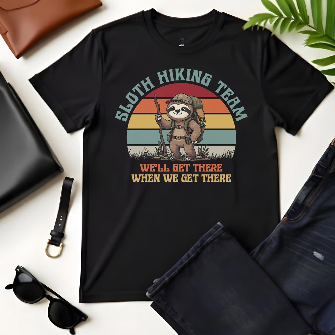 sloth hiking team black flat tshirt mockup 245