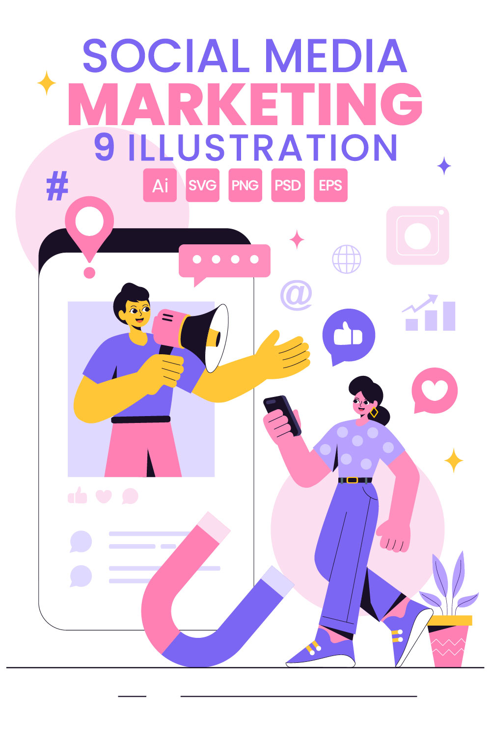 9 Social Media Marketing Illustration pinterest preview image.