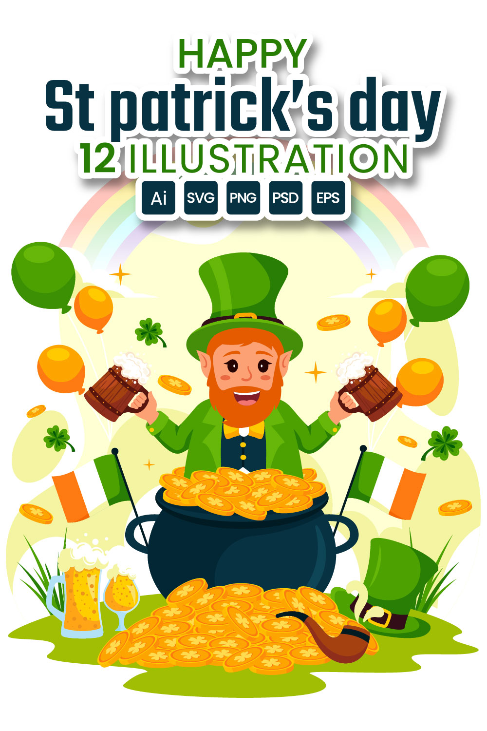 12 Happy St Patrick's Day Illustration pinterest preview image.