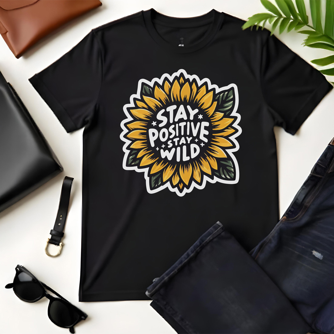 stay positive stay wild sunflower graphic design black flat tshirt mockup 349