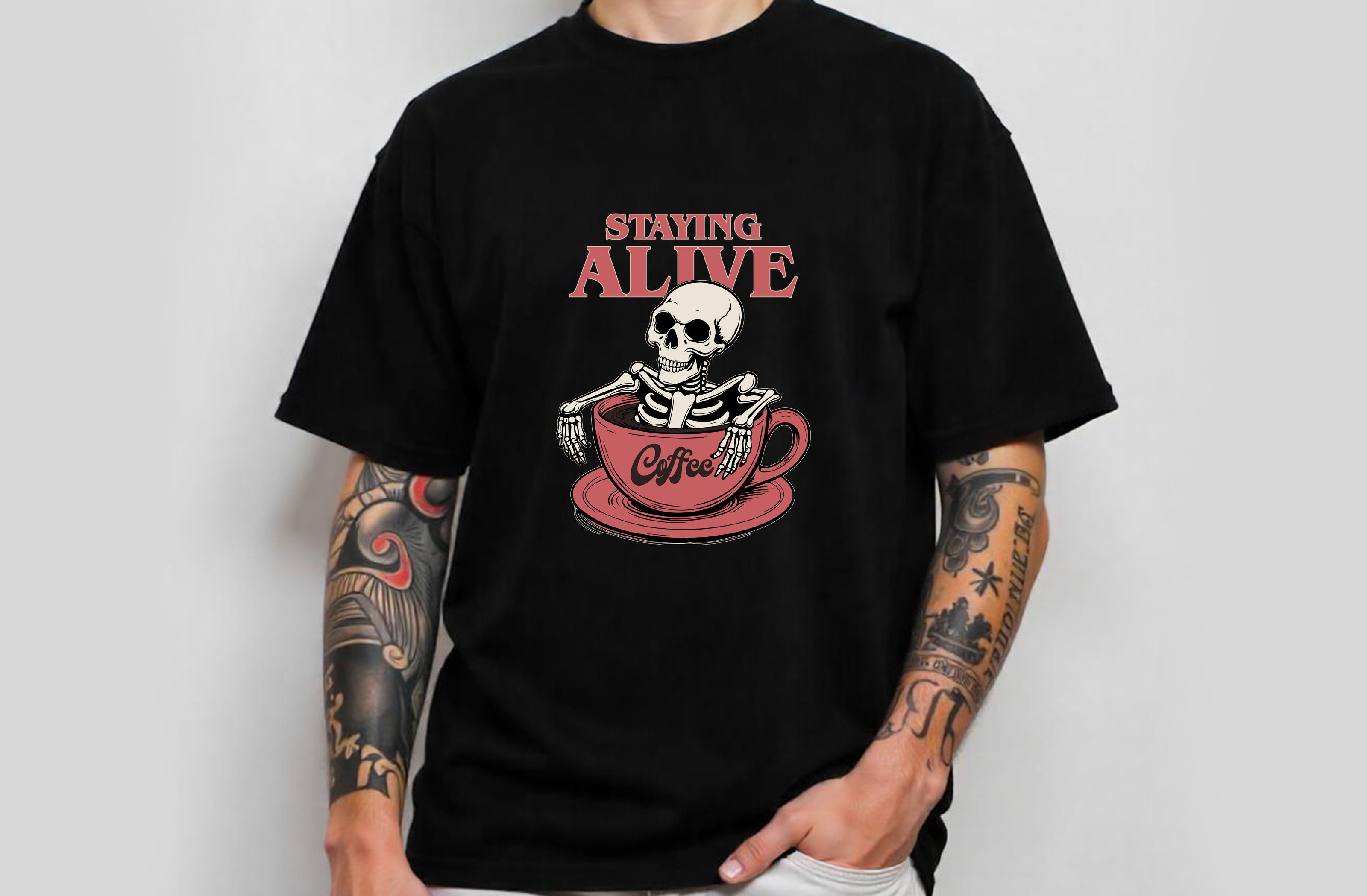 staying alive coffee skeleton funny graphic design male tshirt 907