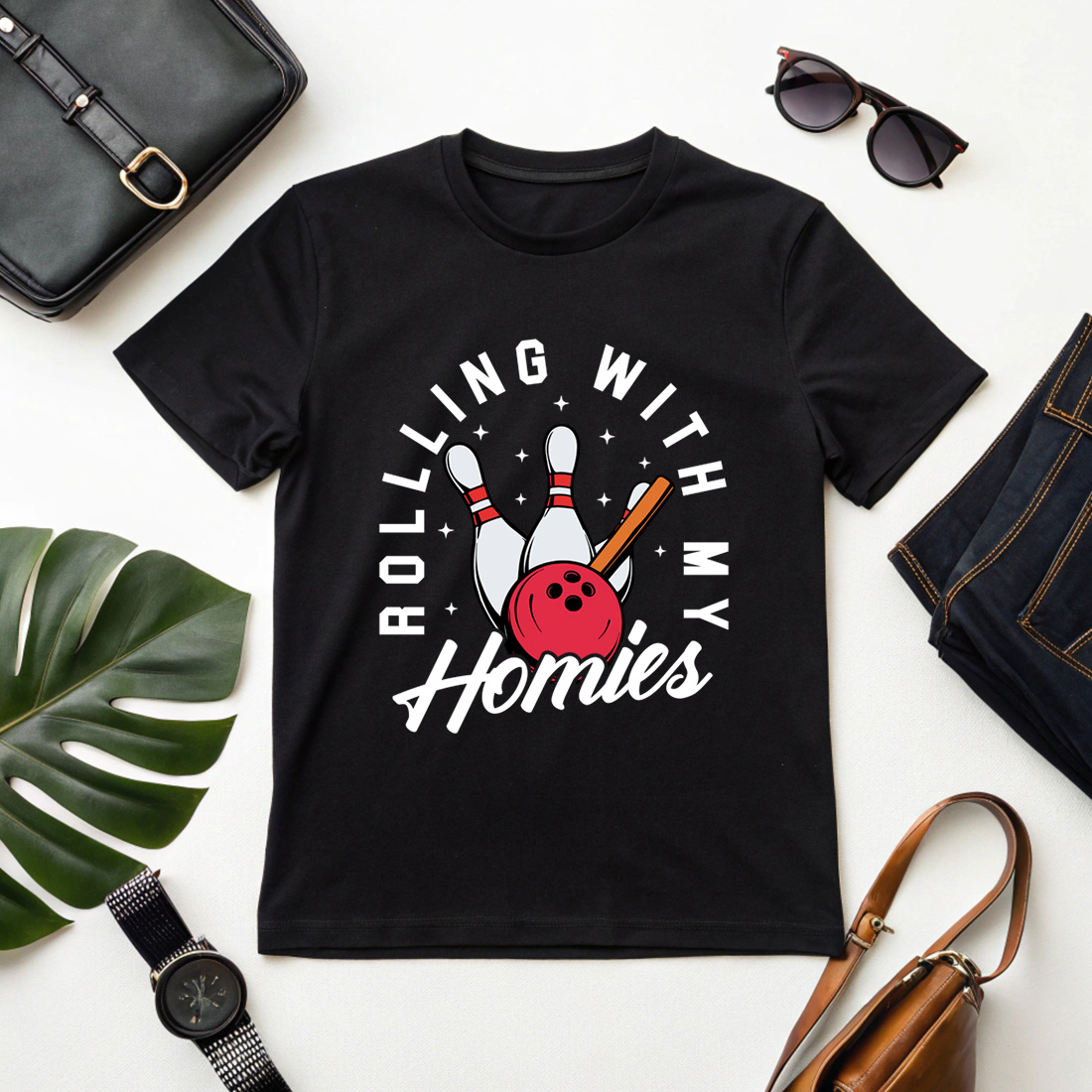 Stylish Vintage Bowling Apparel Design 'Rolling with My Homies' Art preview image.