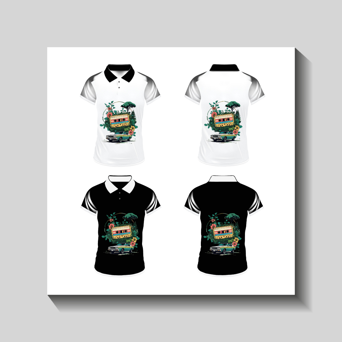 Men's t-shirt in different views with realistic style and geometric retro traceries on shirts isolated Related tags preview image.