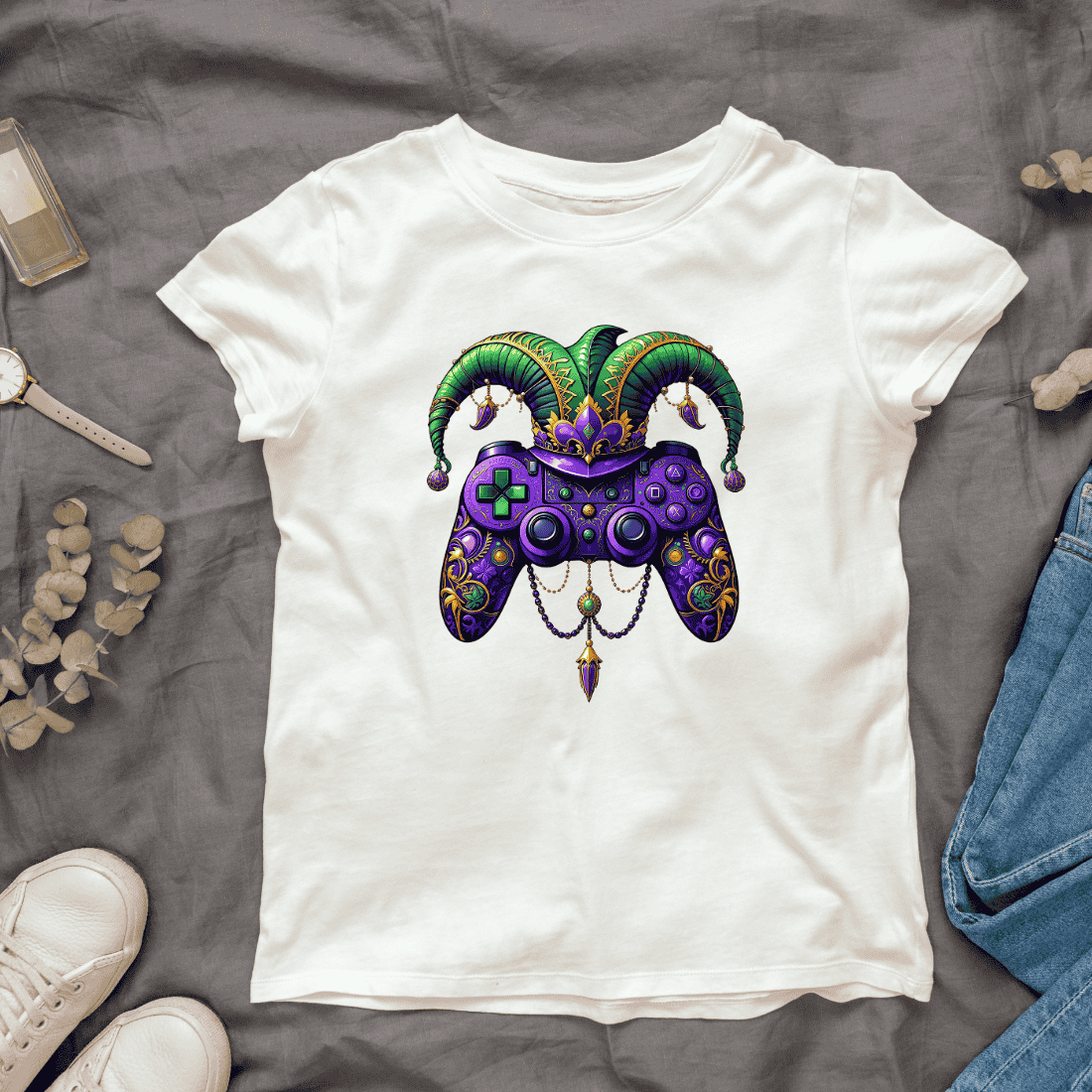 Mardi Gras Themed Video Game Controller with Jester Hat T-shirt Design cover image.