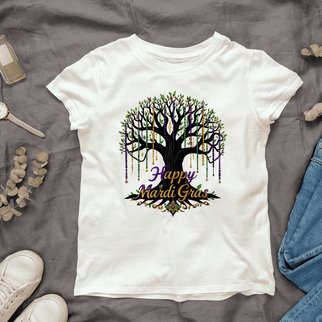 Mardi Gras celebration tree with colorful beads hanging T-Shirt Design cover image.