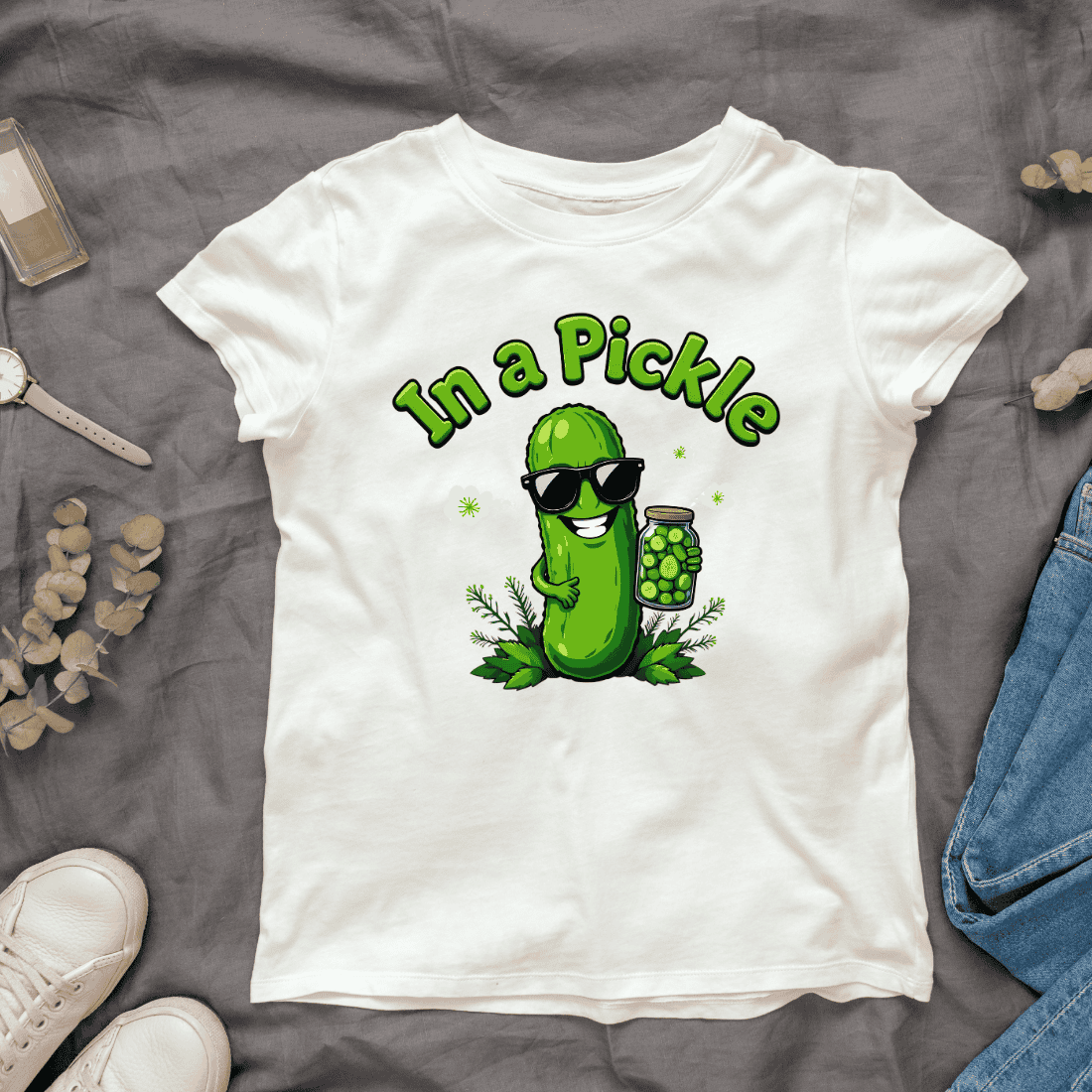 Cucumber with In a Pickle Text T-shirt Design cover image.