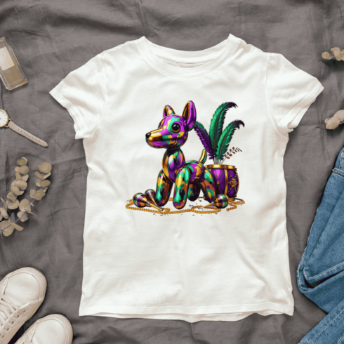 Colorful Dog with Mardi Gras Beads T-shirt Design cover image.