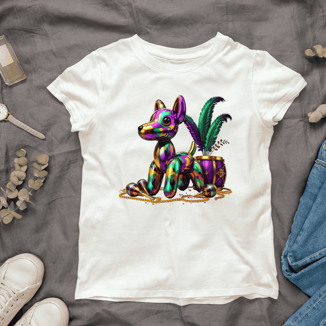 Colorful Dog with Mardi Gras Beads T-shirt Design cover image.