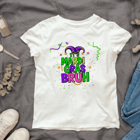 Colorful Sparkling Mardi Gras Letters T-shirt Design cover image.