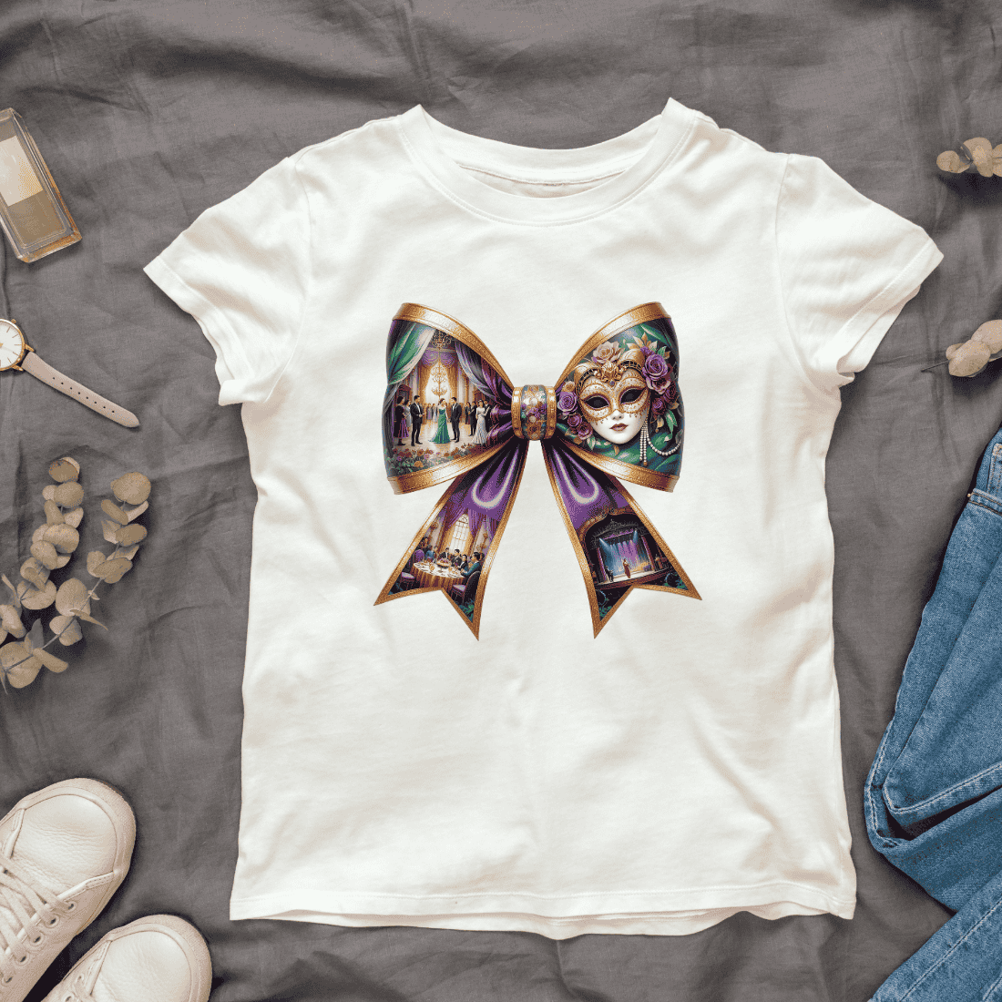 Bow with Mardi Gras theme T-shirt Design cover image.