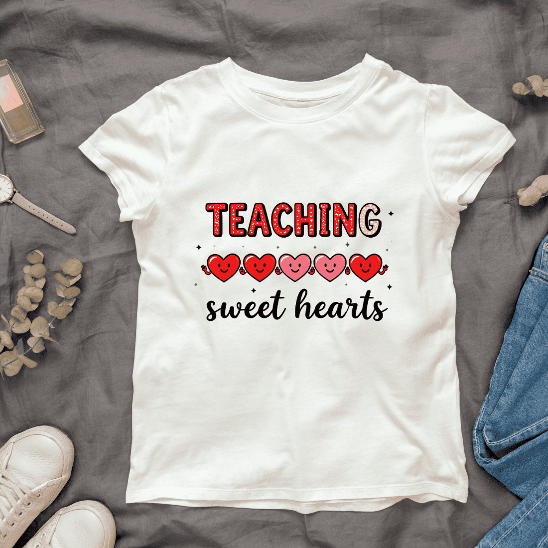 Typography "Teaching sweet hearts" with Smiley faces on hearts T-Shirt Design cover image.