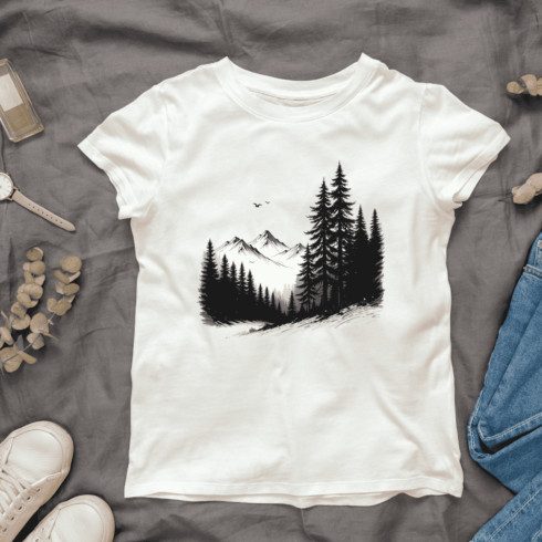 Serene Mountain and Forest T-shirt Design cover image.