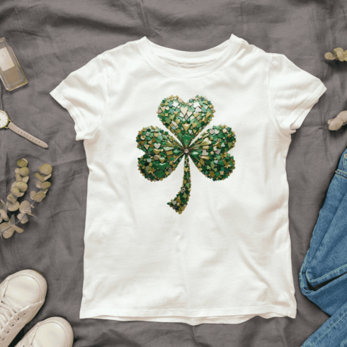 Detailed Shamrock with Green and Gold Accents T-shirt Design cover image.