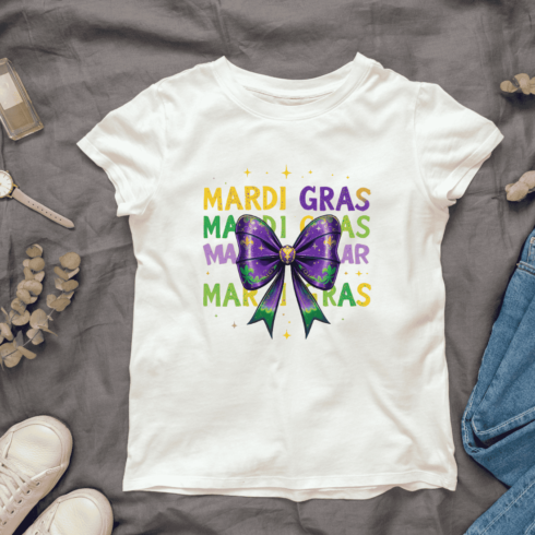 Colorful Mardi Gras Text with Bow T-shirt Design cover image.